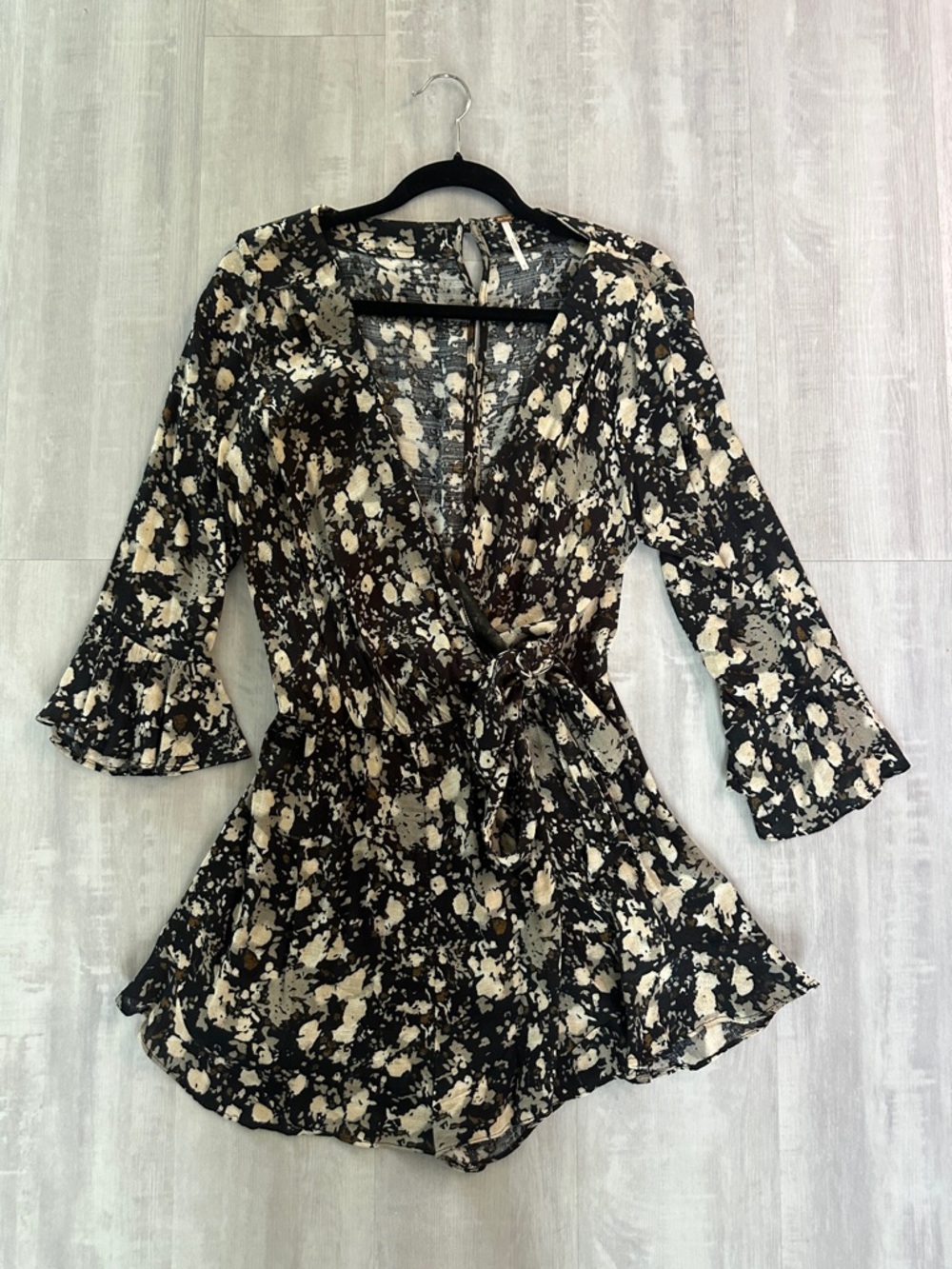 Free People Black & Cream Floral Wrap  Romper
